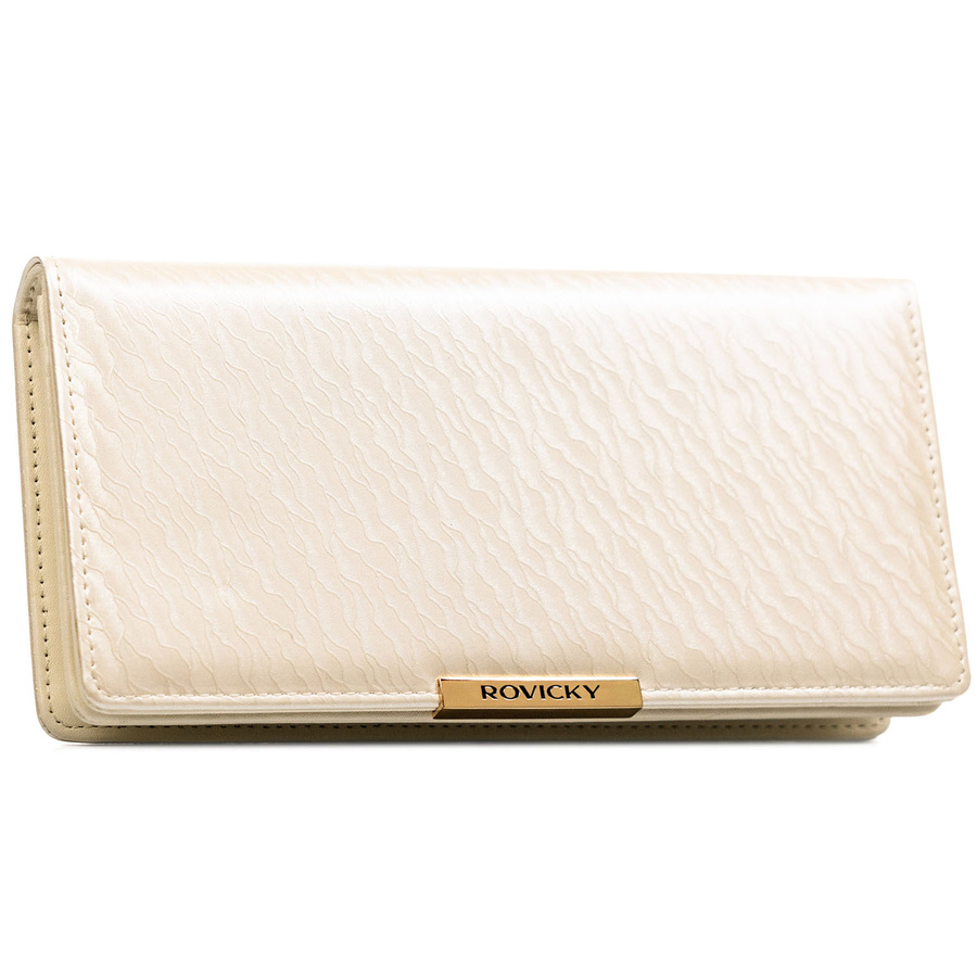 Duży portfel damski ze skóry ekologicznej w kolorze ecru, zamykany na zatrzask - Rovicky