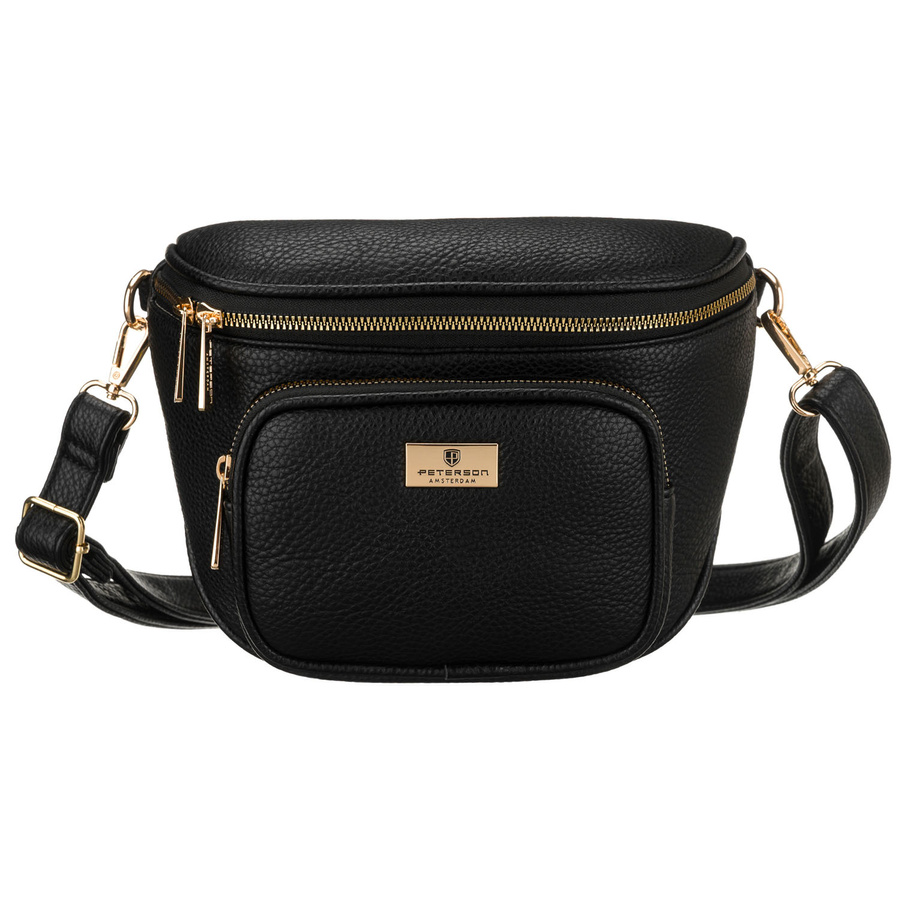 Czarna saszetka damska ze skóry ekologicznej zawieszona na regulowanym pasku - Peterson