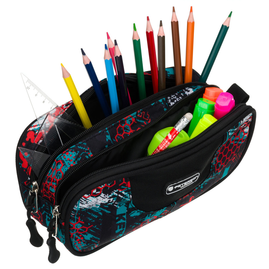 Wzorzysty piórnik szkolny z poliestru zapinany suwakami - Peterson