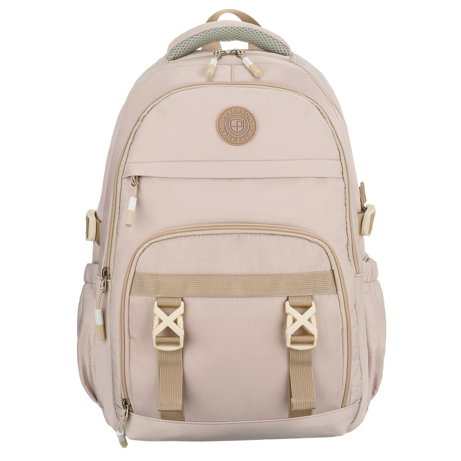 Beżowy, modny plecak szkolny z poliestru zawieszony na regulowanych szelkach - Peterson