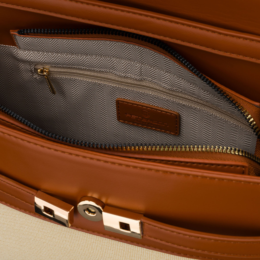 Torebka damska w kolorach ecru i brązowym, zamykana suwakiem i magnesem - Peterson