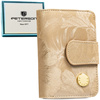 Portfel wykonany ze skóry naturalnej i ekologicznej w beżowym kolorze, zamykany na suwak i zatrzask - Peterson
