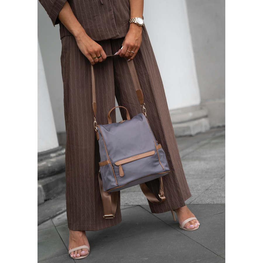 Szary plecak damski z nylonu i skóry ekologicznej z doczepianym paskiem, jednokomorowy - Peterson