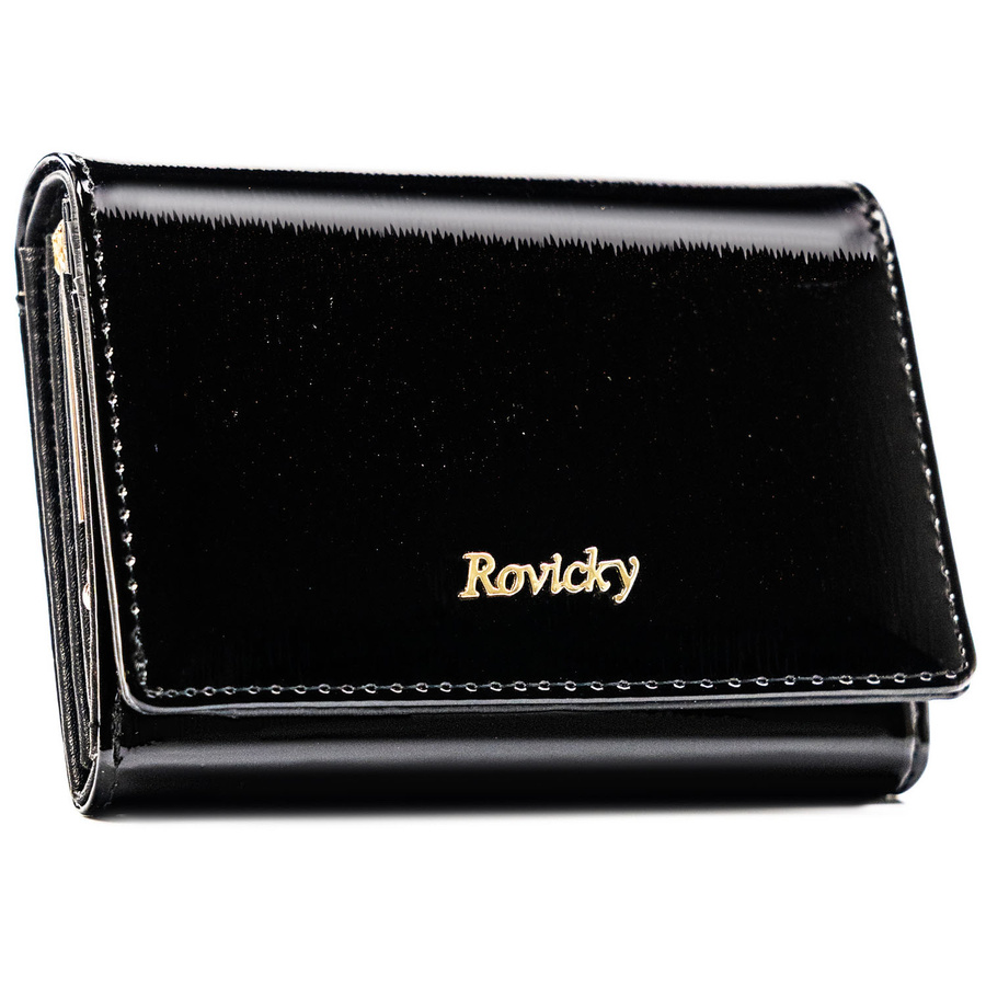 Portfel damski z lakierowanej skóry naturalnej w czarnym kolorze zamykany na zatrzask i bigiel - Rovicky