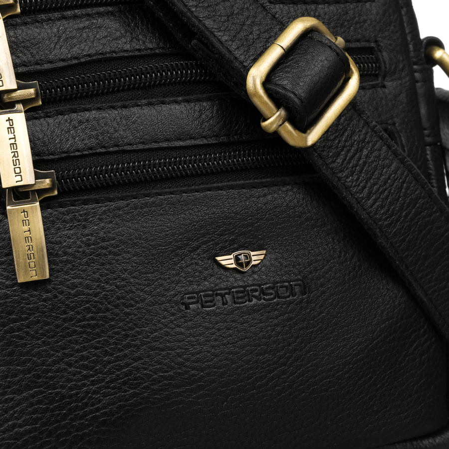 Czarna torba męska na ramię wykonana ze skóry naturalnej z suwakami na froncie - Peterson