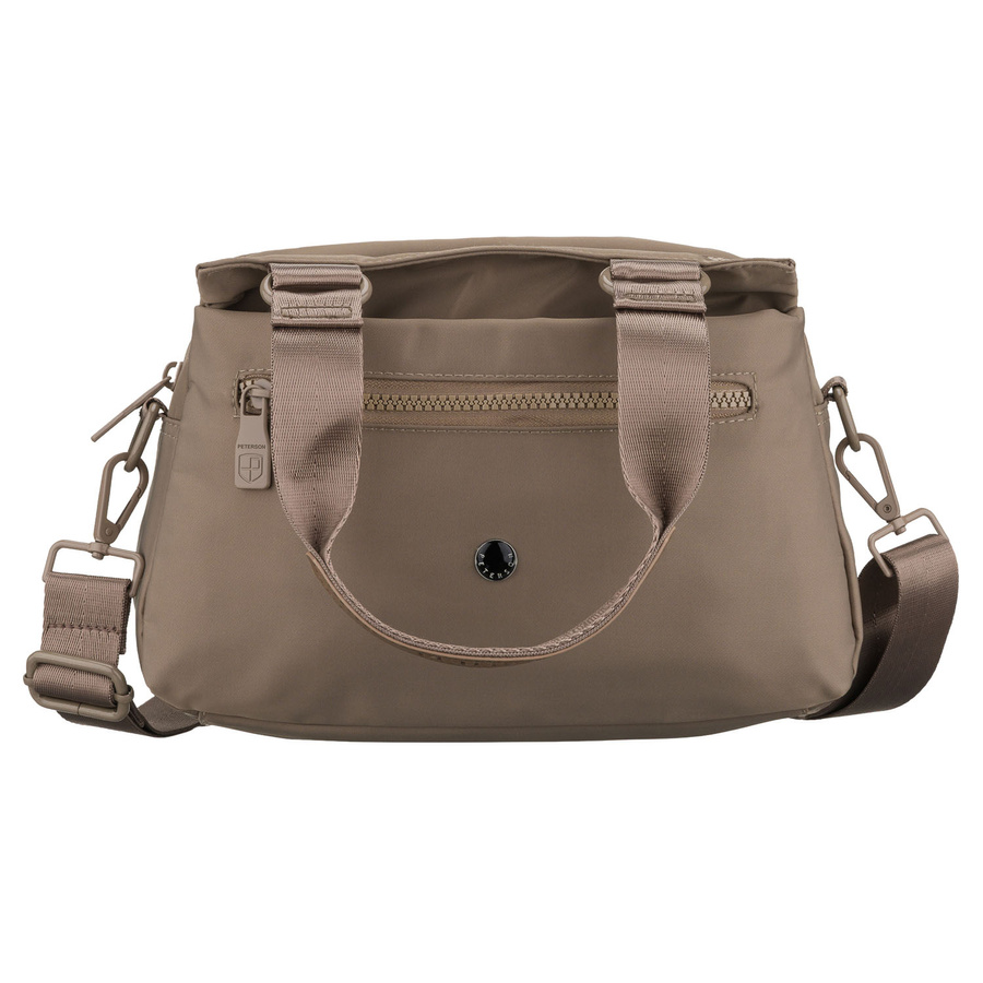 Beżowa listonoszka damska z poliestru zawieszona na uchwytach i doczepianym pasku - Peterson