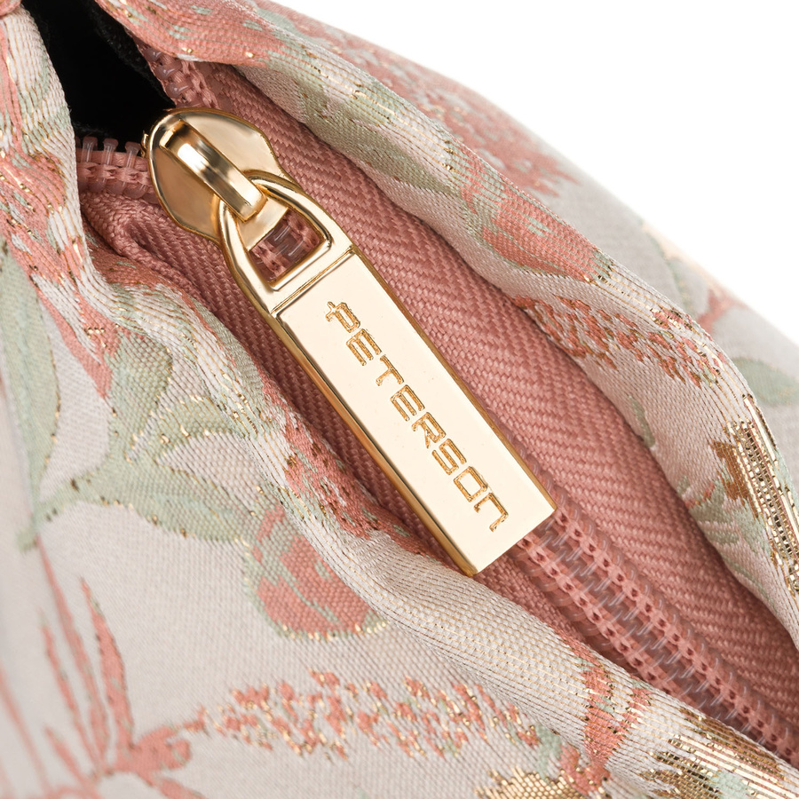 Kosmetyczka z materiału syntetycznego w różowo-beżowym kolorze zdobiona kwiatami - Peterson