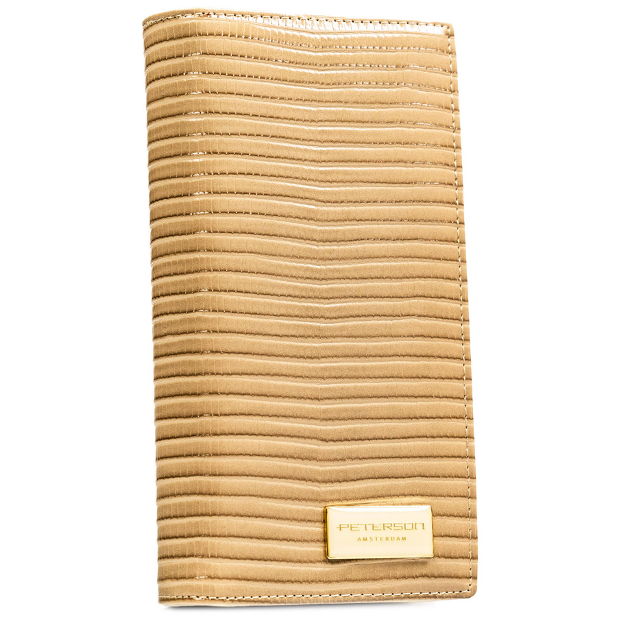 Beżowy portfel damski zamykany na magnes i suwak, zdobiony plecionką - Peterson
