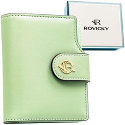 Pionowy portfel damski ze skóry ekologicznej w zielonym kolorze, zamykany na zatrzask i suwak - Rovicky