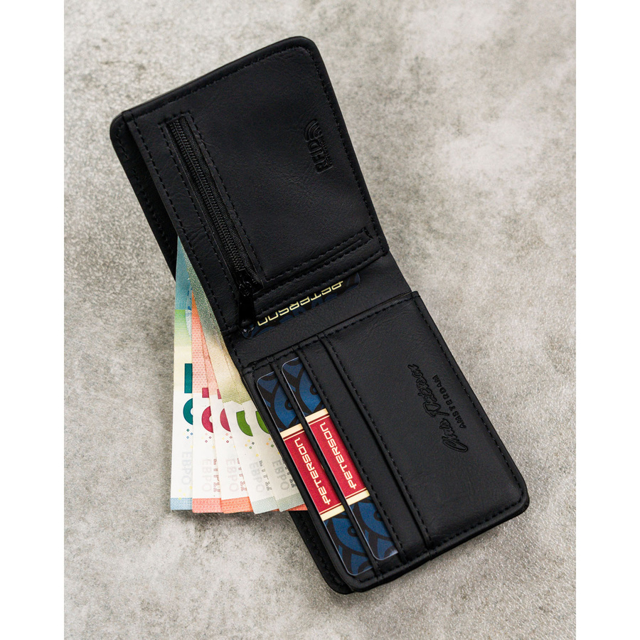 Czarno-szary portfel męski w orientacji poziomej bez zapięcia zewnętrznego - Peterson