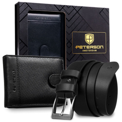 Zestaw prezentowy: skórzany portfel męski w czarnym kolorze zapinany zatrzaskiem i czarny pasek ze skóry ekologicznej - Peterson