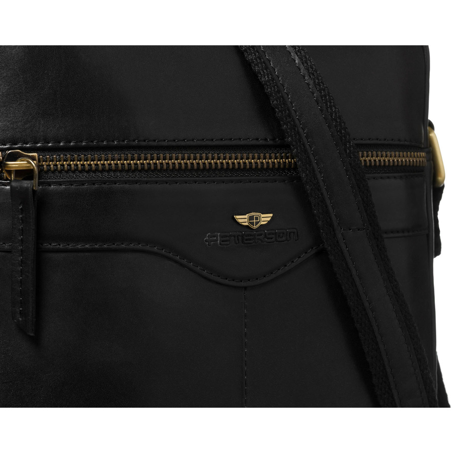 Czarna, skórzana listonoszka męska z kieszonką, zamykana na suwak - Peterson