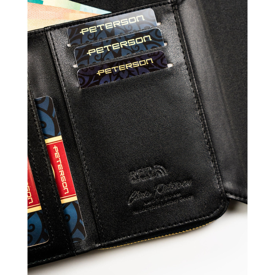 Portfel damski ze skóry ekologicznej w czarnym kolorze wyposażony w system RFID - Peterson