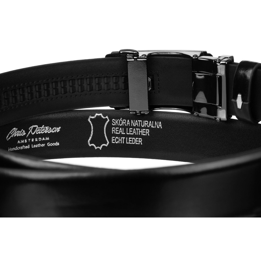 Skórzany pasek męski w czarnym kolorze z automatyczną klamrą - Peterson