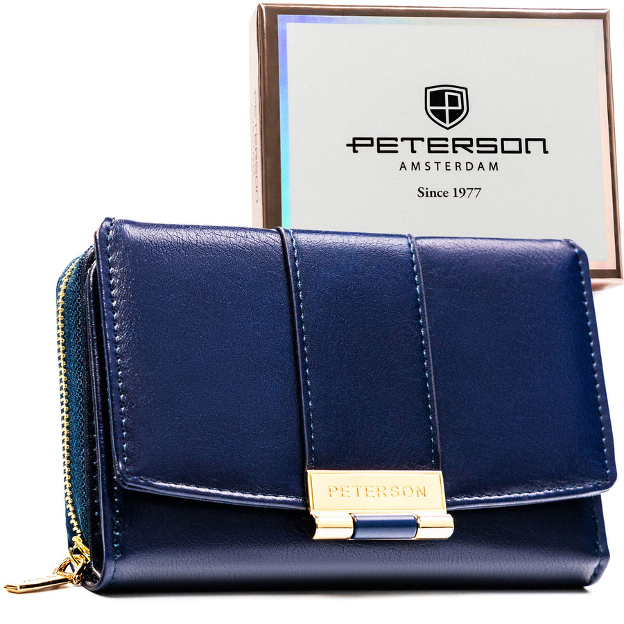 Granatowy, poziomy portfel damski wykonany ze skóry ekologicznej i zamykany na zatrzask - Peterson