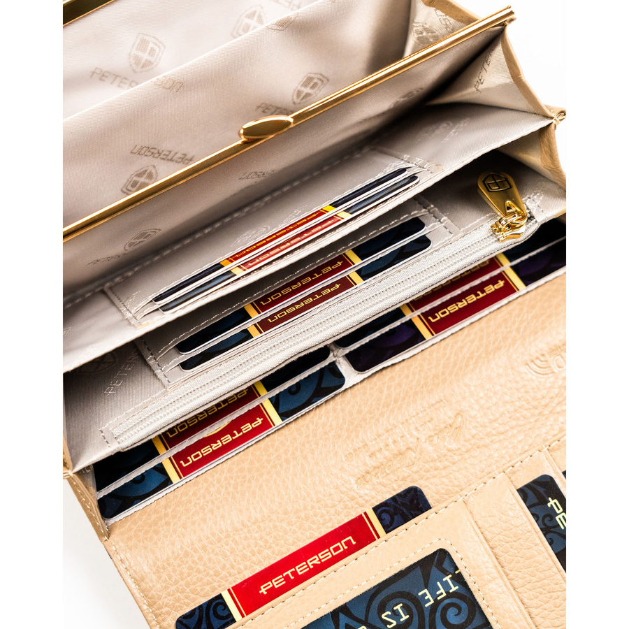 Złoty, duży portfel damski ze skóry ekologicznej i naturalnej w cętki, zamykany zatrzaskiem - Peterson