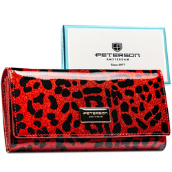 Duży portfel damski ze skóry ekologicznej i naturalnej w czerwonym kolorze zamykany zatrzaskiem - Peterson