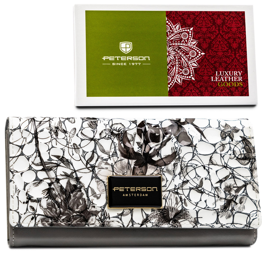 Portfel ze skóry naturalnej w kwiatowy wzór zamykany zatrzaskiem - Peterson