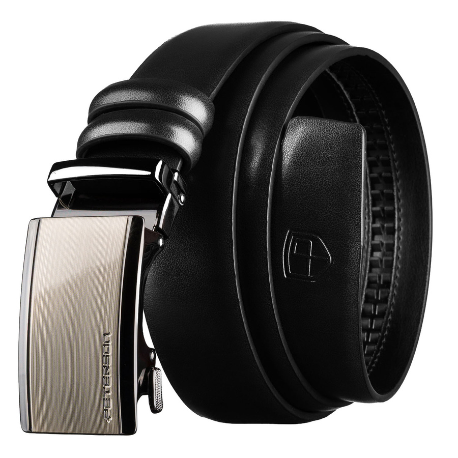 Czarny pasek męski z automatyczną klamrą wykonany ze skóry naturalnej - Peterson