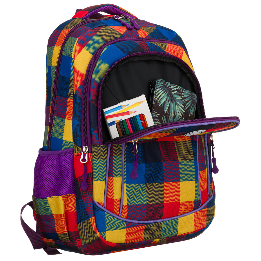 Plecak szkolny w kratę odszyty z poliestru, zawieszony na regulowanych szelkach - Peterson