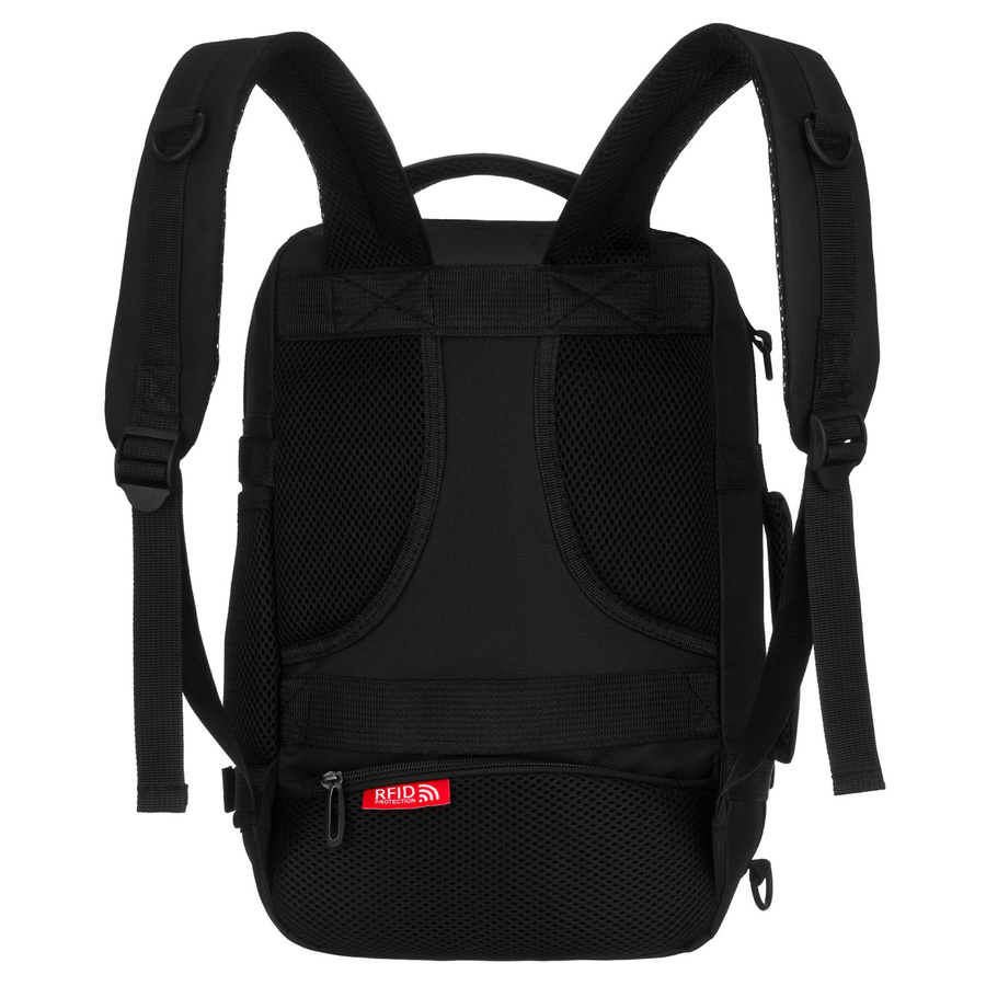 Podróżny plecak z poliestru w czarnym kolorze, dwukomorowy i idealny na bagaż podręczny - Peterson