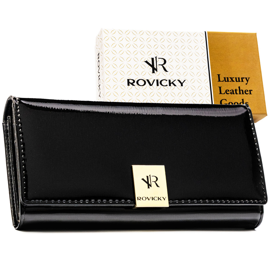 Duży, skórzany portfel damski w czarnym kolorze zamykany na zatrzask - Rovicky
