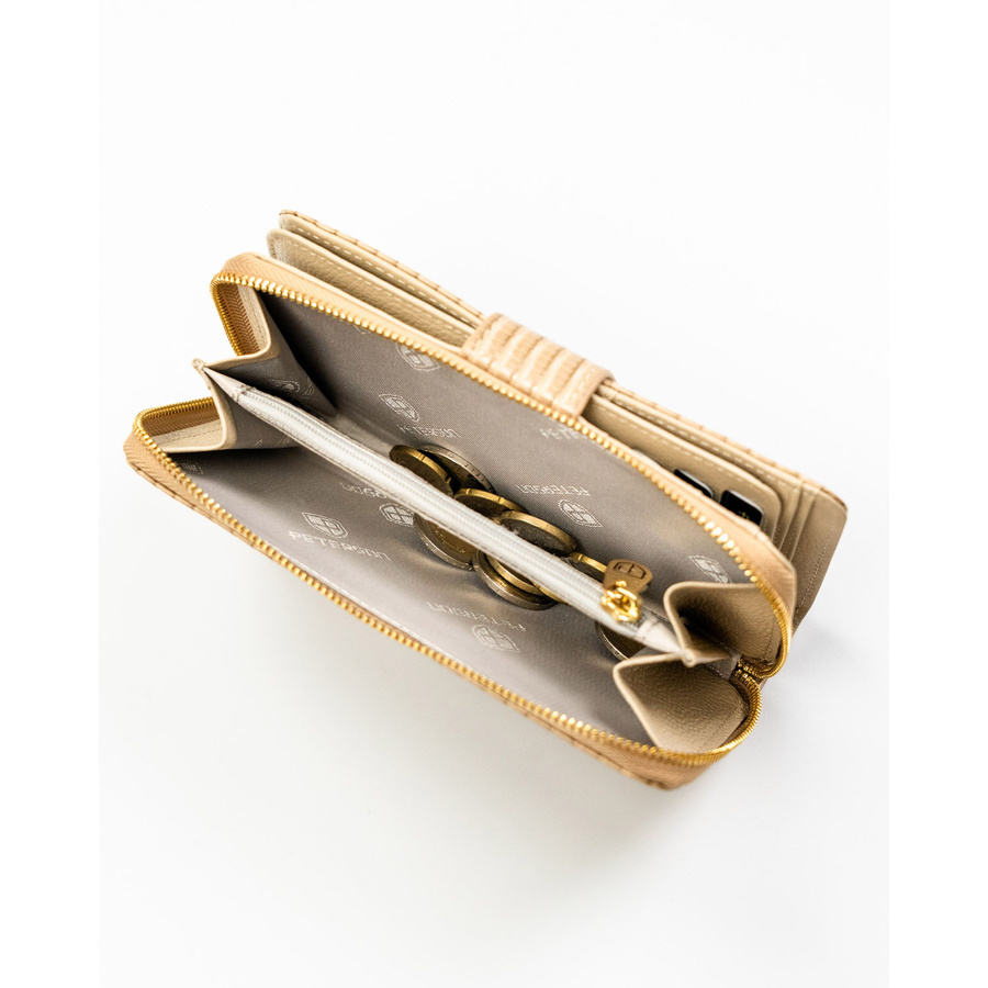 Beżowy portfel w orientacji pionowej wykonany ze skóry naturalnej i ekologicznej ze wzorem w plecionkę - Peterson