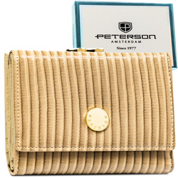 Beżowy, prążkowany portfel damski ze skóry naturalnej i ekologicznej - Peterson