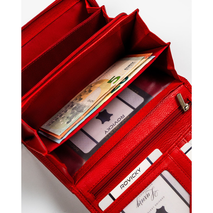Duży skórzany portfel damski w czerwonym kolorze z wewnętrzną kieszonką na suwak - Rovicky