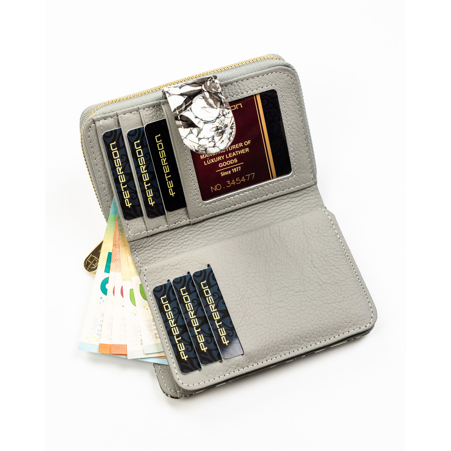 Czarny portfel damski ze skóry naturalnej z systemem RFID, zamykany zatrzaskiem i suwakiem - Peterson