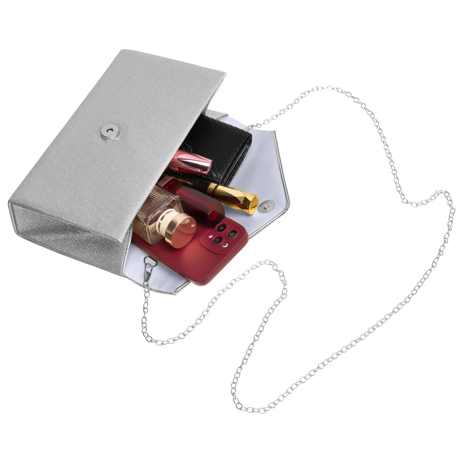 Brokatowa, srebrna kopertówka damska z magnetycznym zapięciem - Rovicky