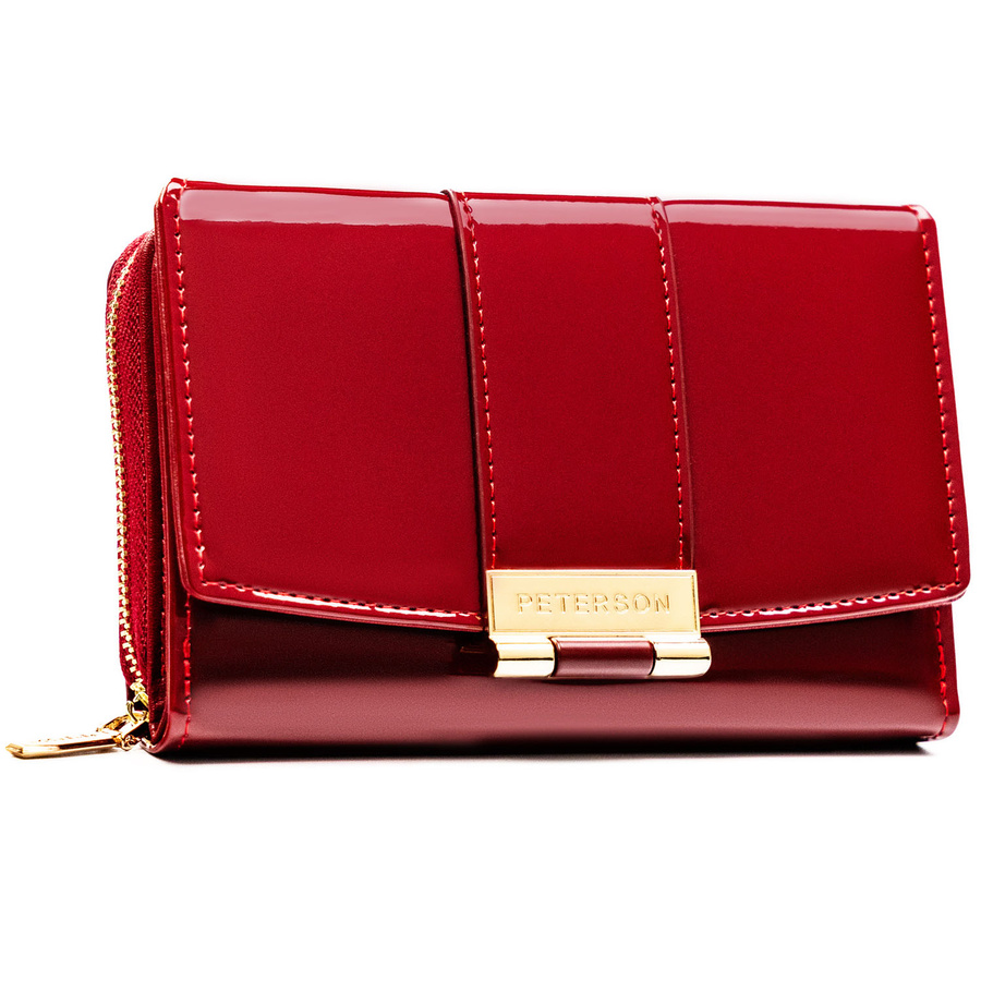 Bordowy, poziomy portfel damski wykonany z lakierowanej skóry ekologicznej - Peterson