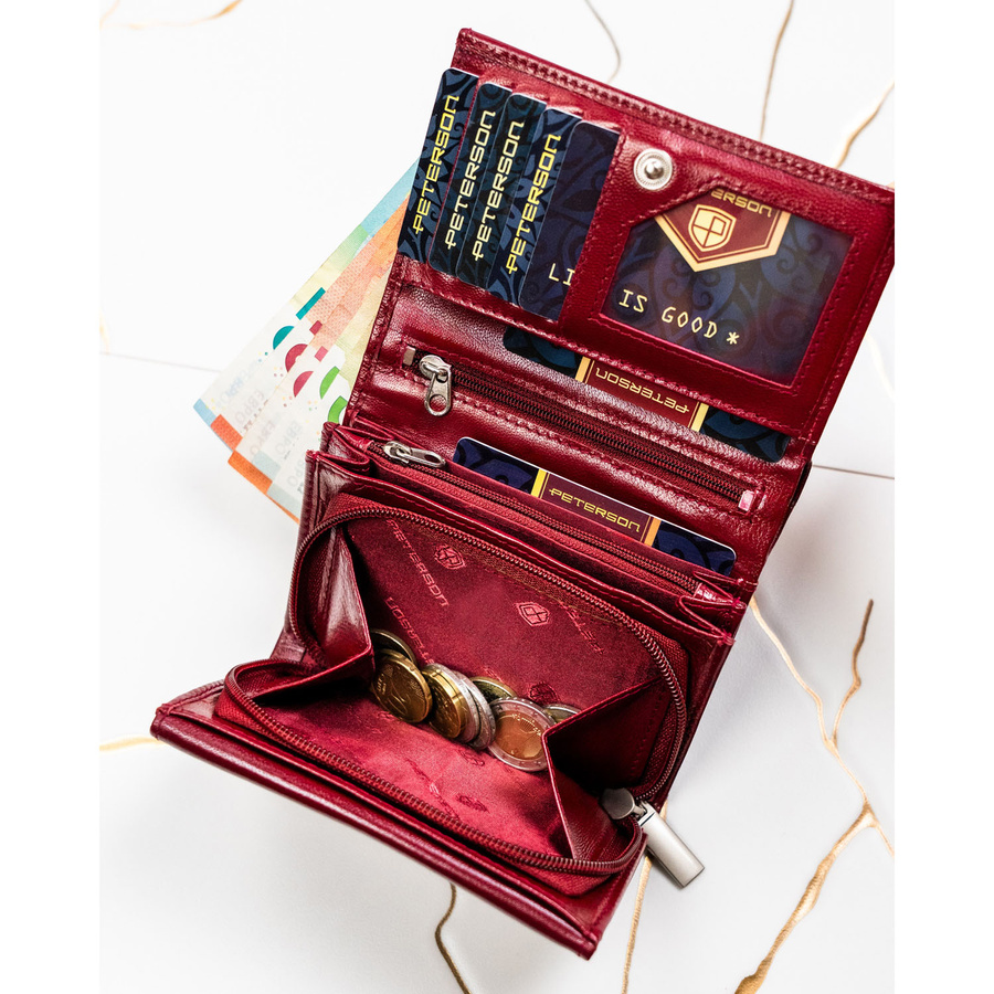 Portfel damski w czerwonym kolorze zamykany na zatrzask, wyposażony w system RFID - Peterson