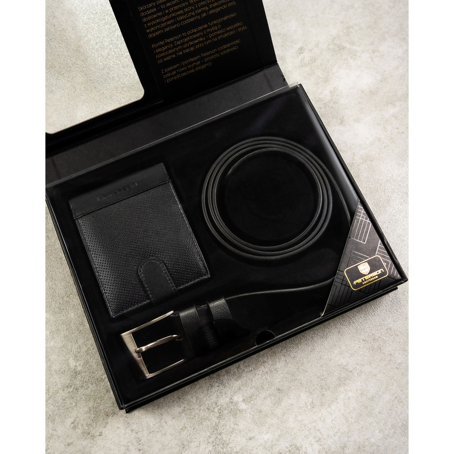 Zestaw prezentowy: skórzany portfel męski w czarnym kolorze zapinany zatrzaskiem i czarny pasek ze skóry ekologicznej - Peterson