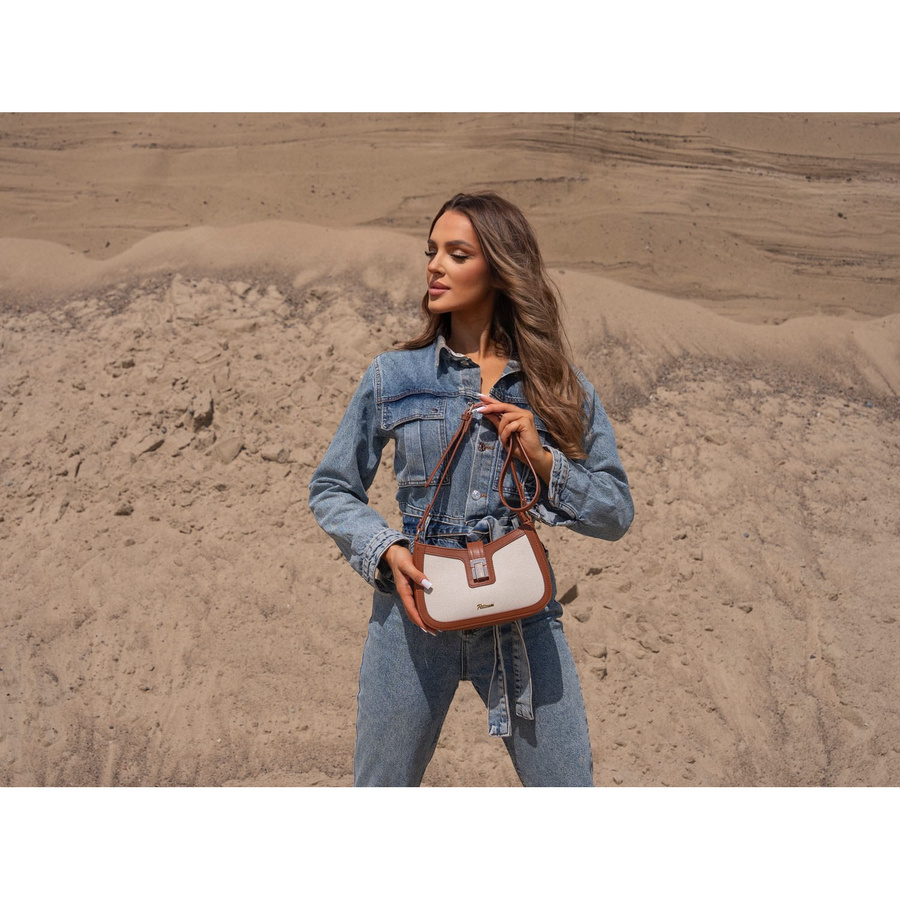 Beżowo-brązowa listonoszka damska ze skóry naturalnej i płótna poliamidowego - Peterson