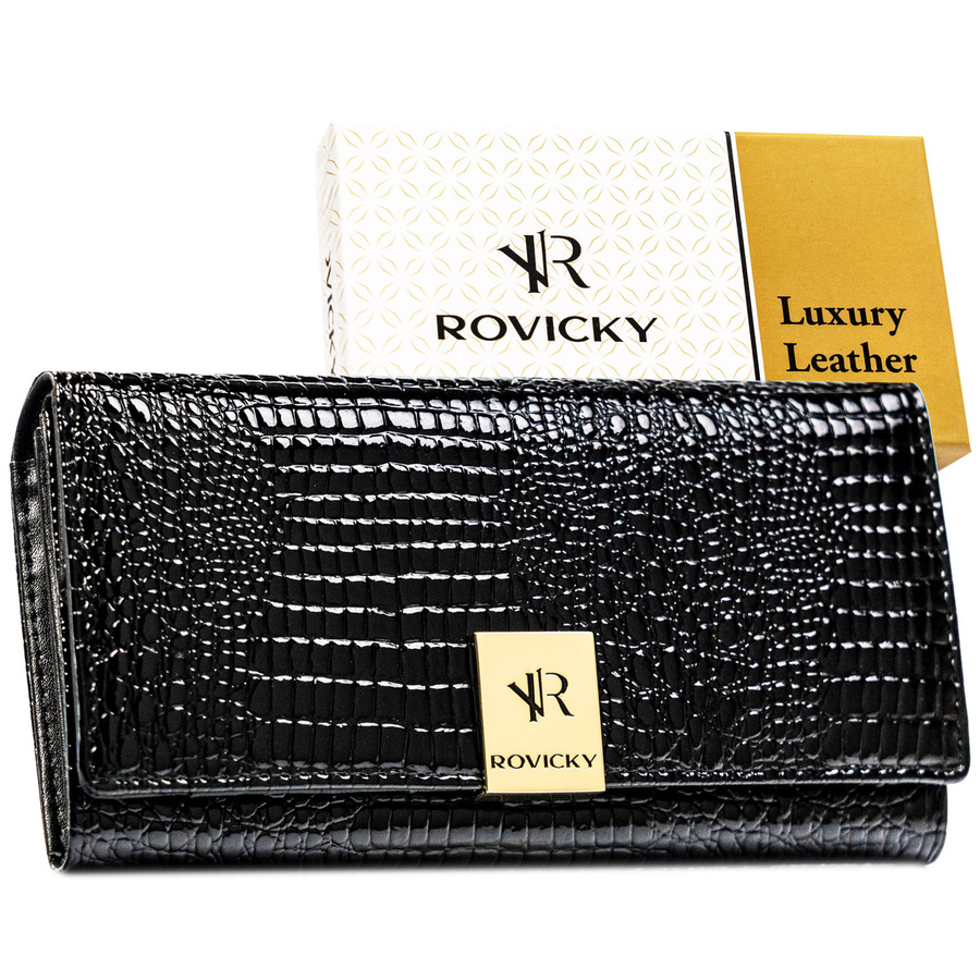 Lakierowany, czarny portfel damski ze skóry naturalnej z systemem RFID - Rovicky