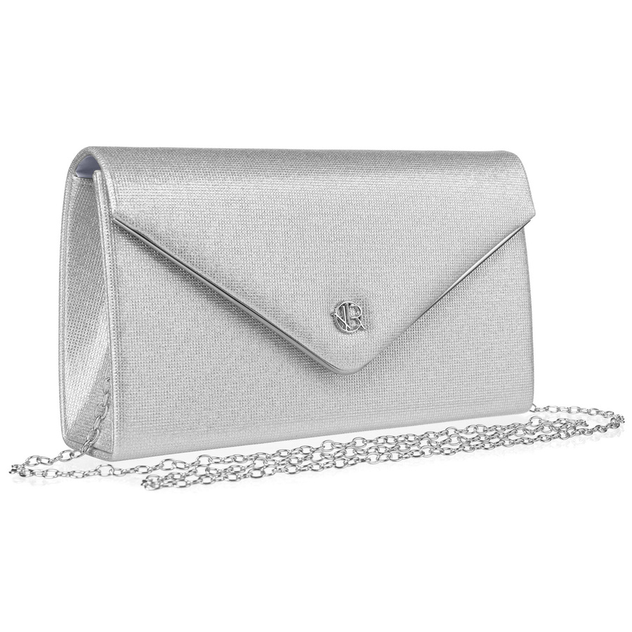 Brokatowa, srebrna kopertówka damska z magnetycznym zapięciem - Rovicky