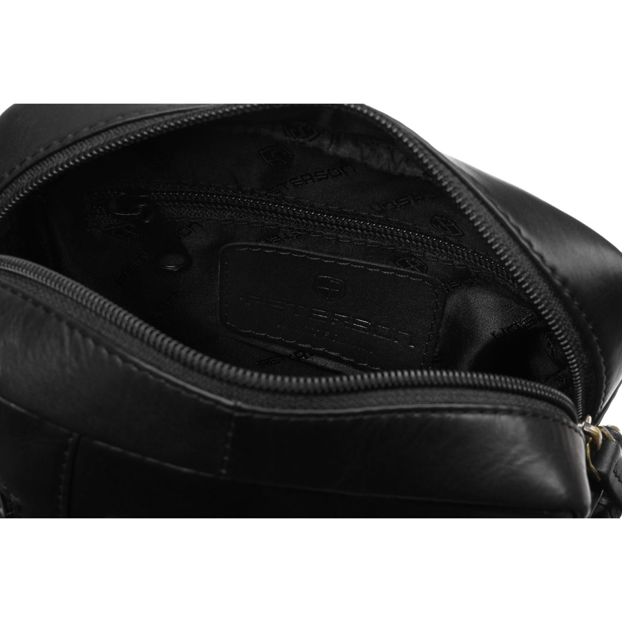 Elegancka, czarna listonoszka męska ze skóry naturalnej z zewnętrzną kieszonką na suwak - Peterson