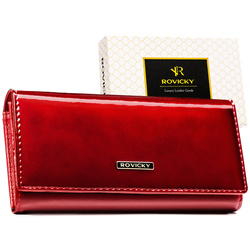 Duży, poziomy, czerwony portfel damski ze skóry naturalnej i ekologicznej zamykany zatrzaskiem - Rovicky