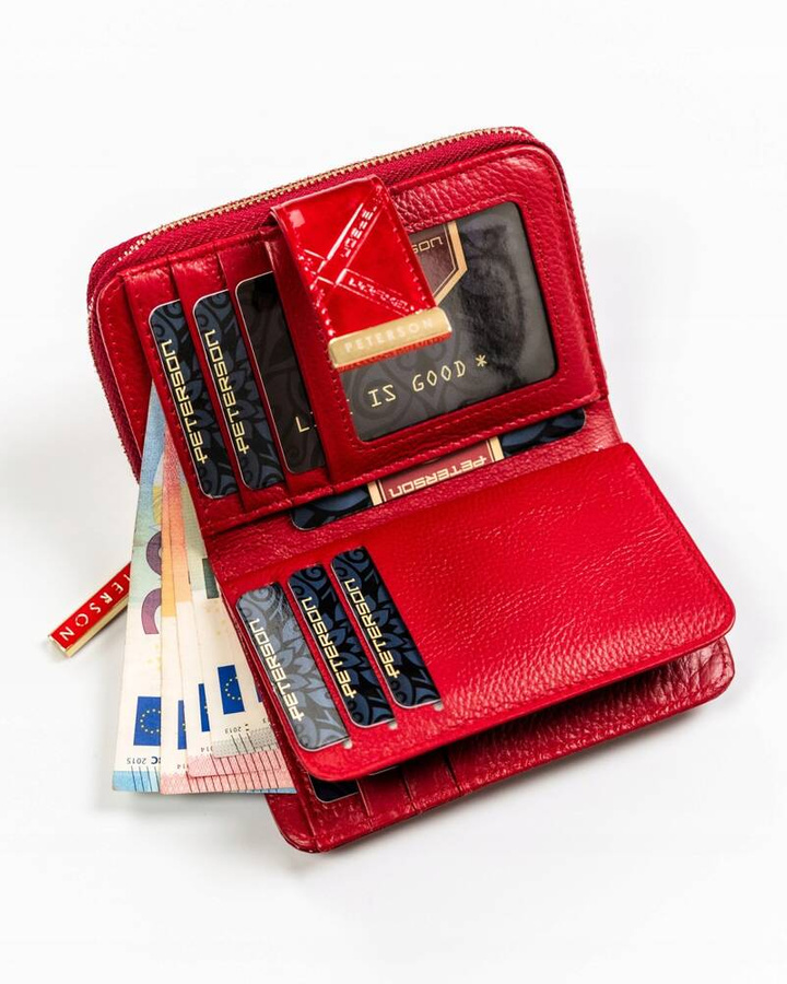 Portfel damski ze skóry naturalnej zamykany na zatrzask i suwak - Peterson