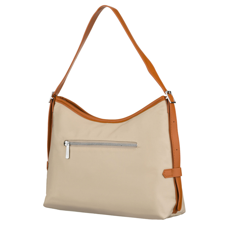 Beżowa torebka damska z poliestru i skóry ekologicznej wyposażona w kieszonkę zewnętrzną - Peterson
