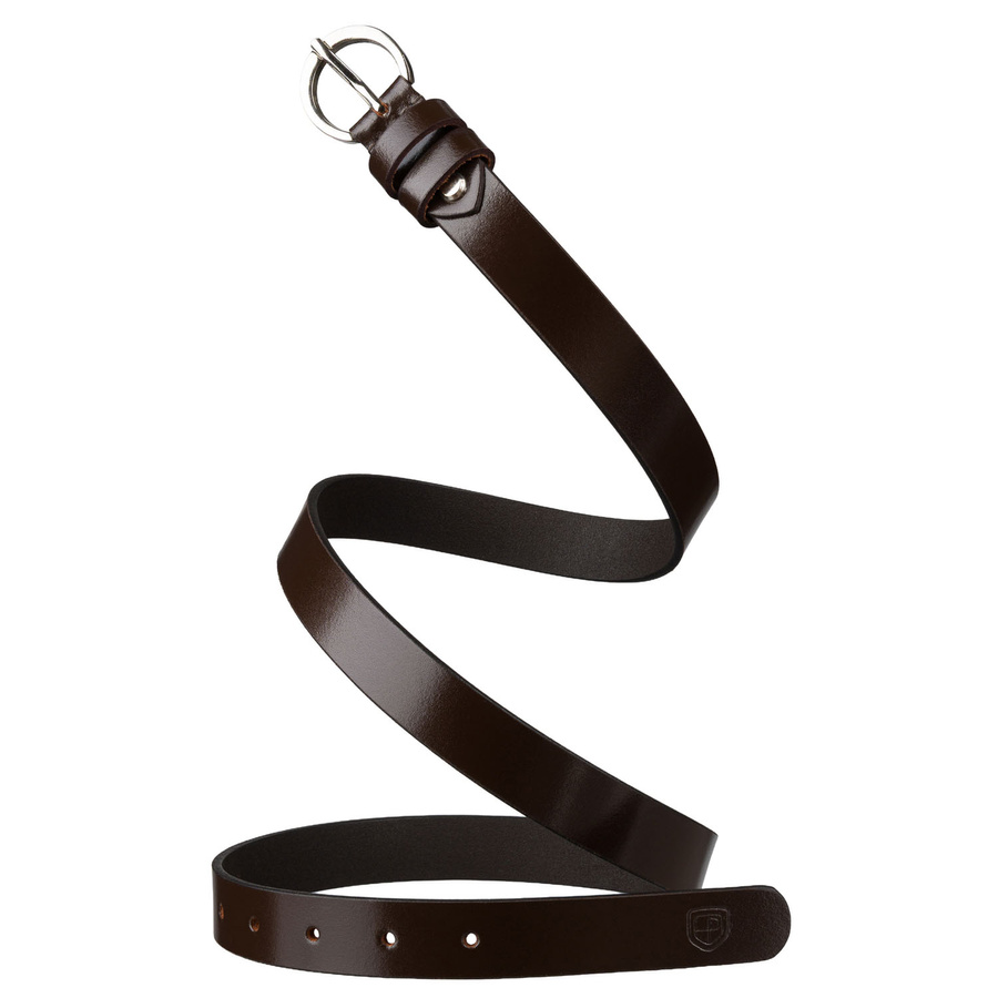 Skórzany pasek damski w brązowym kolorze ze srebrną, klasyczną klamrą - Peterson