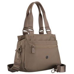 Beżowa listonoszka damska z poliestru zawieszona na uchwytach i doczepianym pasku - Peterson