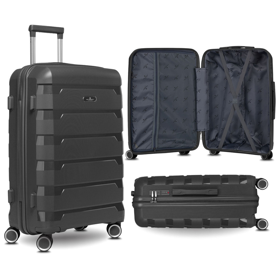 Średnia, szara walizka z polipropylenu z wysuwaną rączką - Peterson