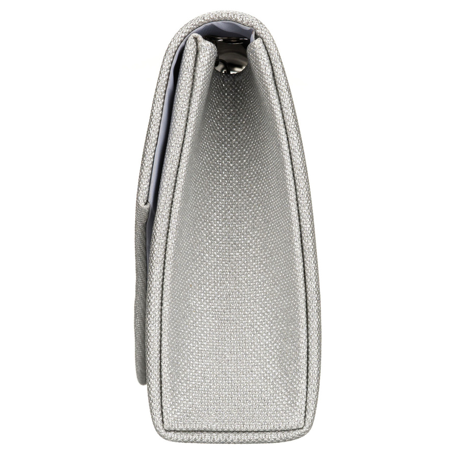 Brokatowa kopertówka damska w srebrnym kolorze zawieszona na eleganckim łańcuszku - Rovicky