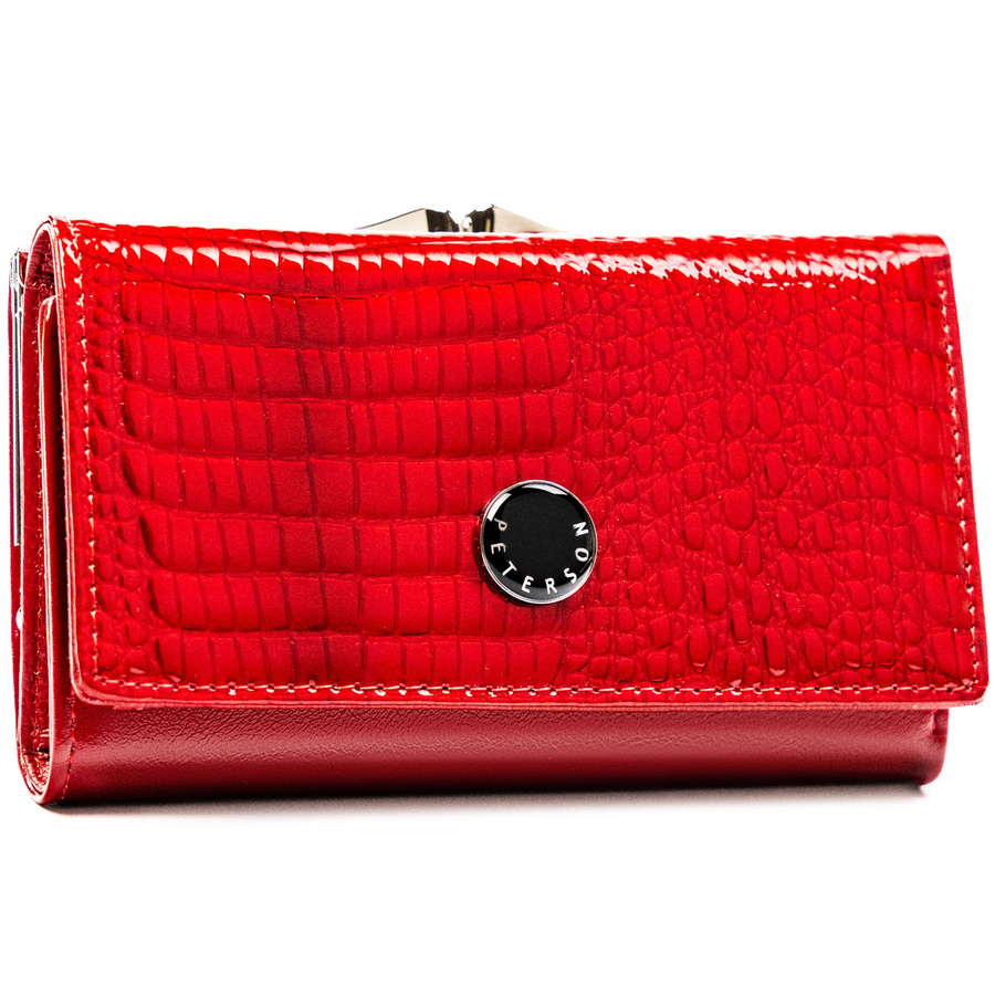 Portfel damski ze skóry naturalnej w czerwonym kolorze zamykany na zatrzask i bigiel - Peterson