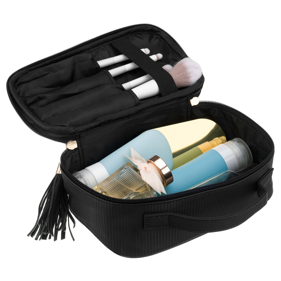 Czarna kosmetyczka z tkaniny syntetycznej wyposażona w cztery przegródki - Peterson