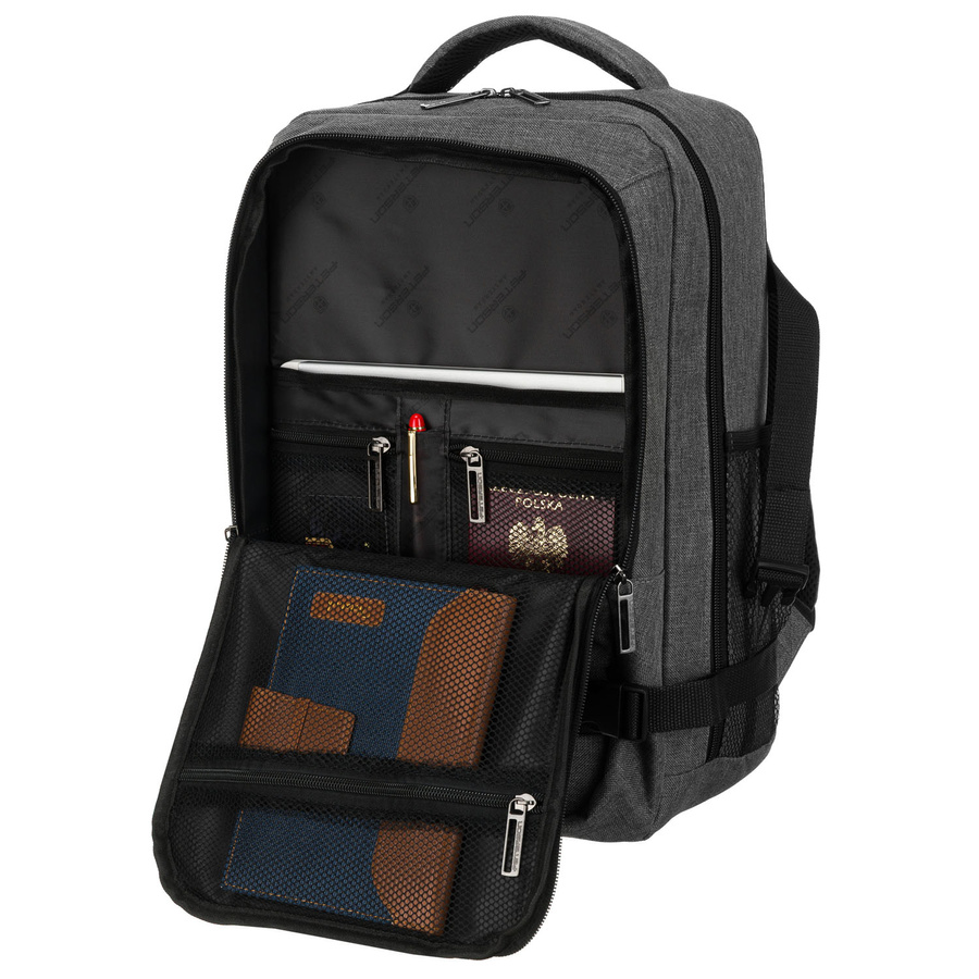 Podróżny plecak z poliestru w szarym kolorze, wyposażony w dopinany pasek - Peterson