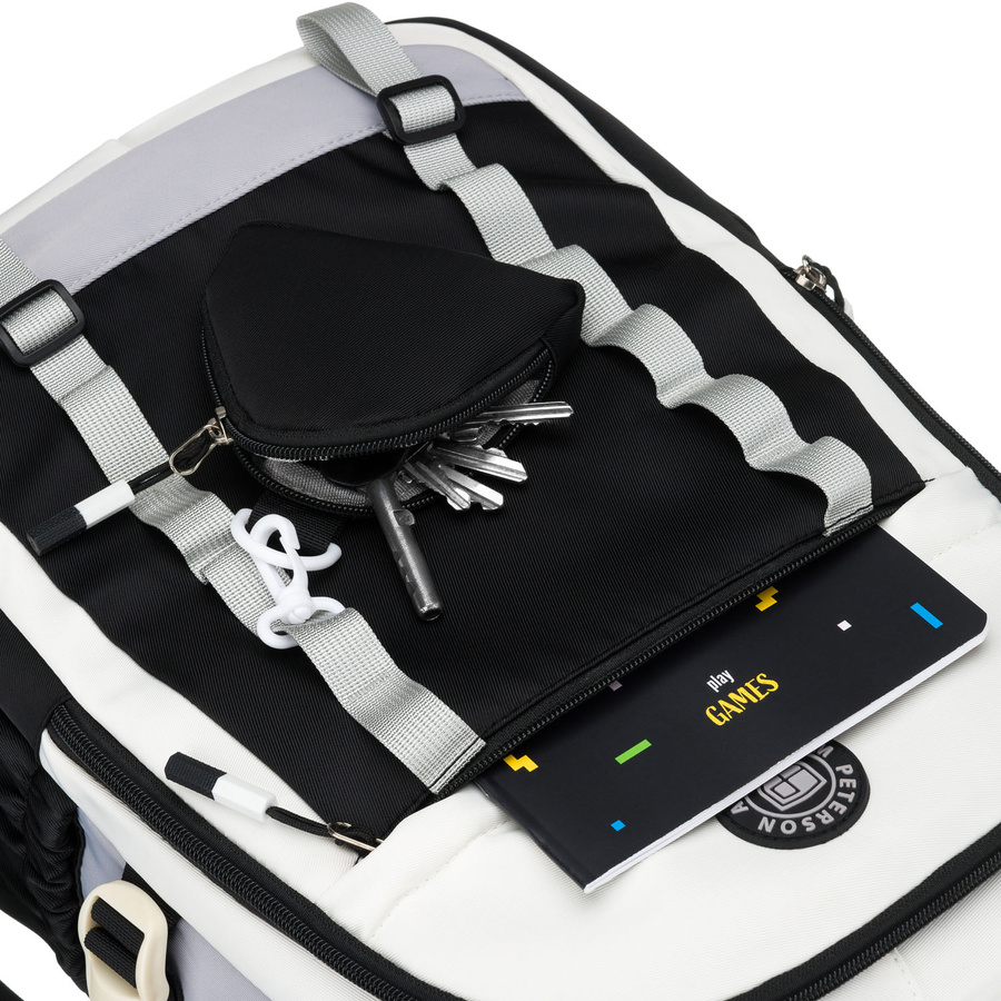 Białoczarny plecak szkolny z poliestru z poręczną dodatkową saszetką - Peterson