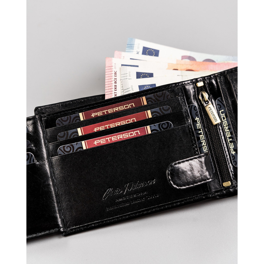 Duży, poziomy portfel męski wykonany ze skóry naturalnej w czarnym kolorze - Peterson